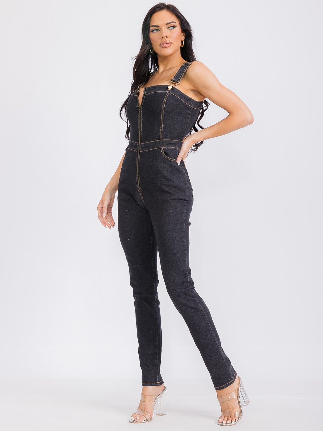 WOMEN'S SLEEVELESS ZIP UP FRONT POCKETS STRETCH DENIM JUMPSUIT
