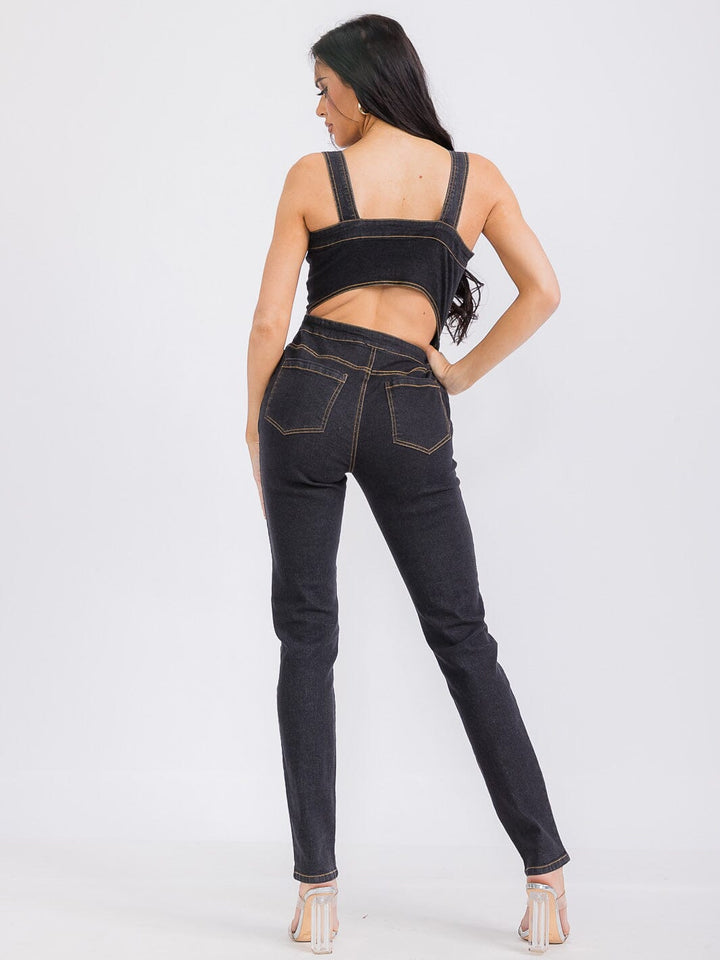 WOMEN'S SLEEVELESS ZIP UP FRONT POCKETS STRETCH DENIM JUMPSUIT