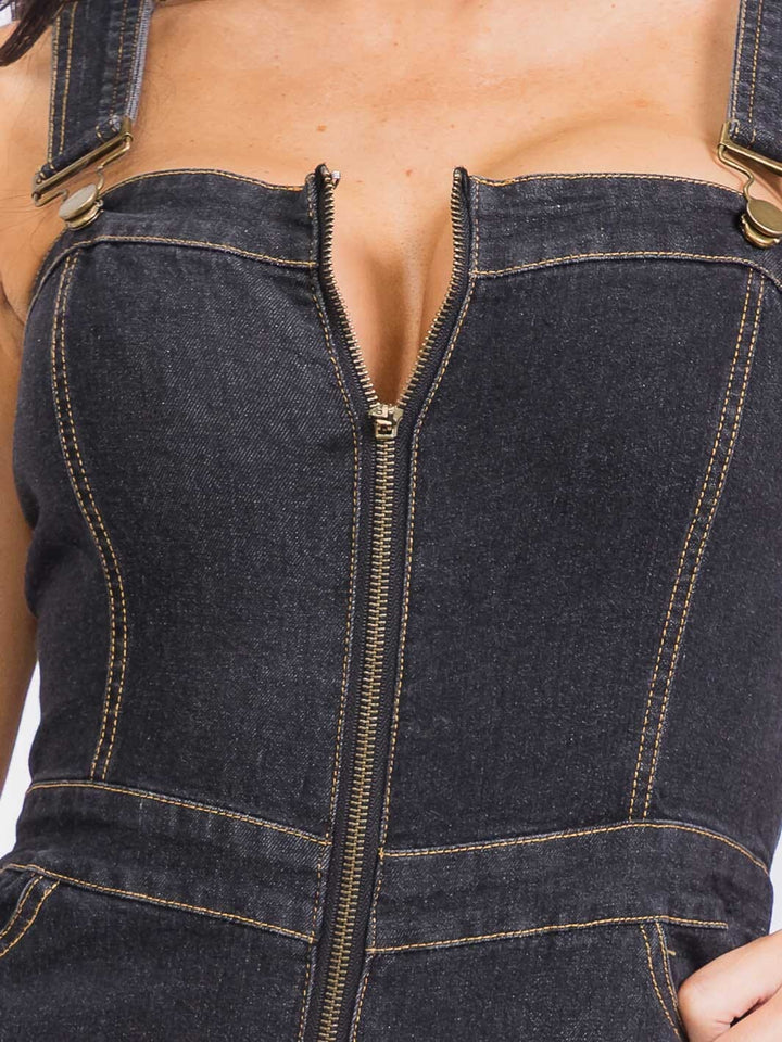 WOMEN'S SLEEVELESS ZIP UP FRONT POCKETS STRETCH DENIM JUMPSUIT