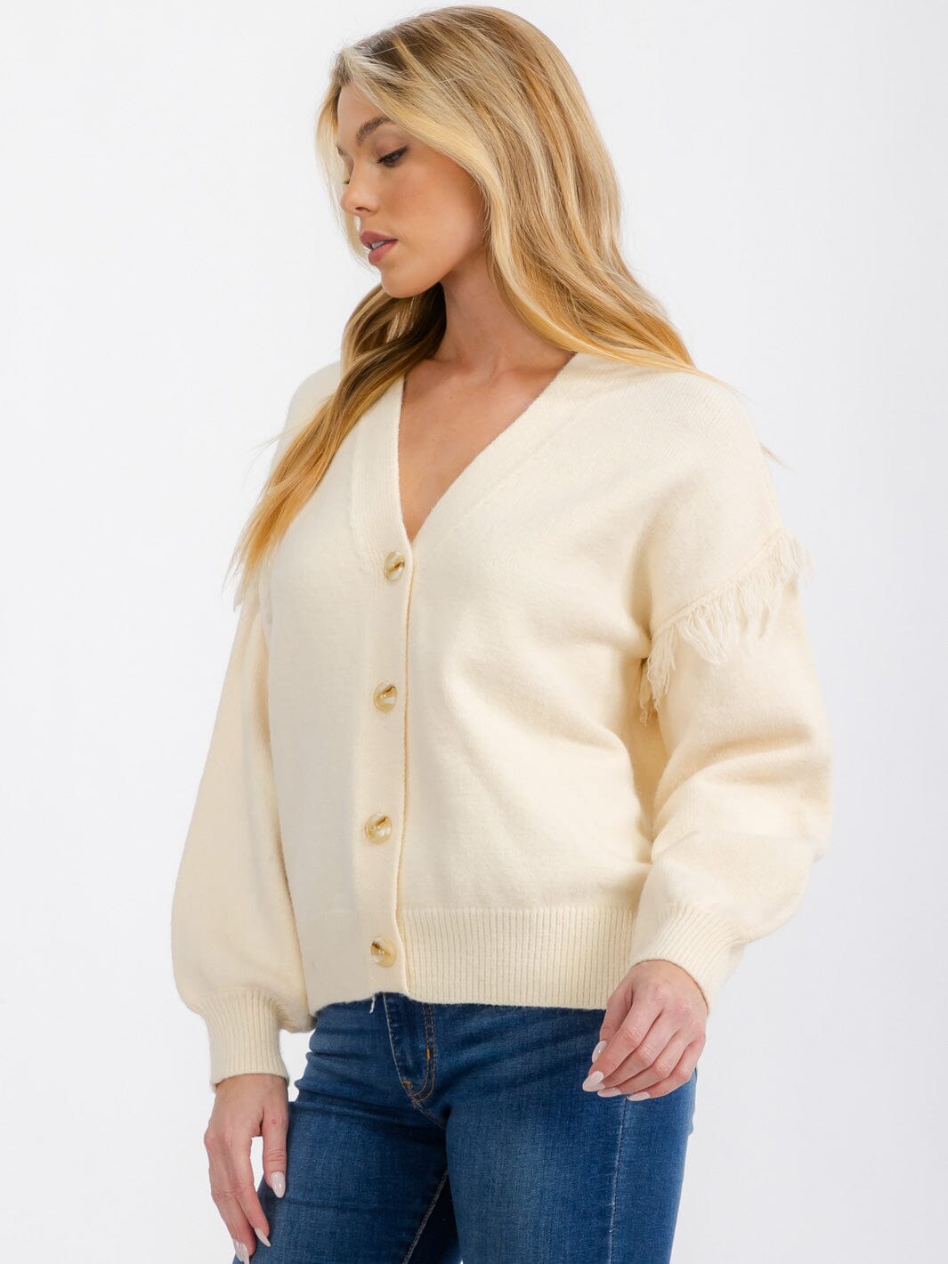 WOMEN'S LONG SLEEVE FRINGE BUTTON CLOSURE CARDIGAN SWEATER