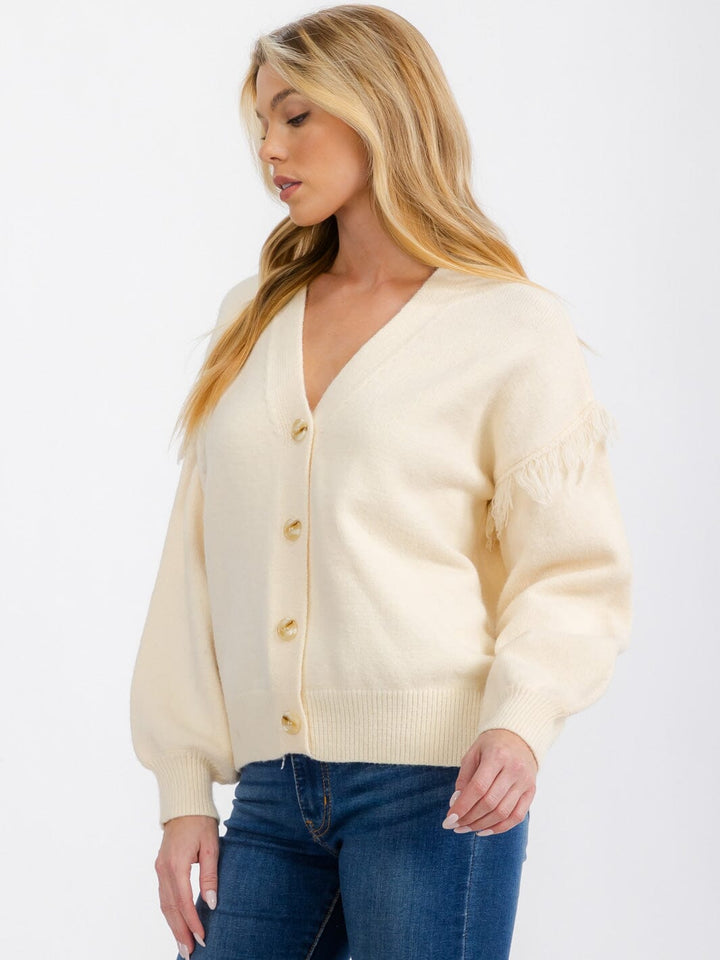 WOMEN'S LONG SLEEVE FRINGE BUTTON CLOSURE CARDIGAN SWEATER