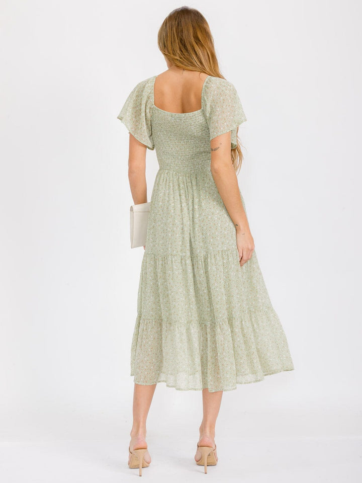WOMEN'S SHORT SLEEVE V-NECK SMOCK TIERED FLORAL MAXI DRESS