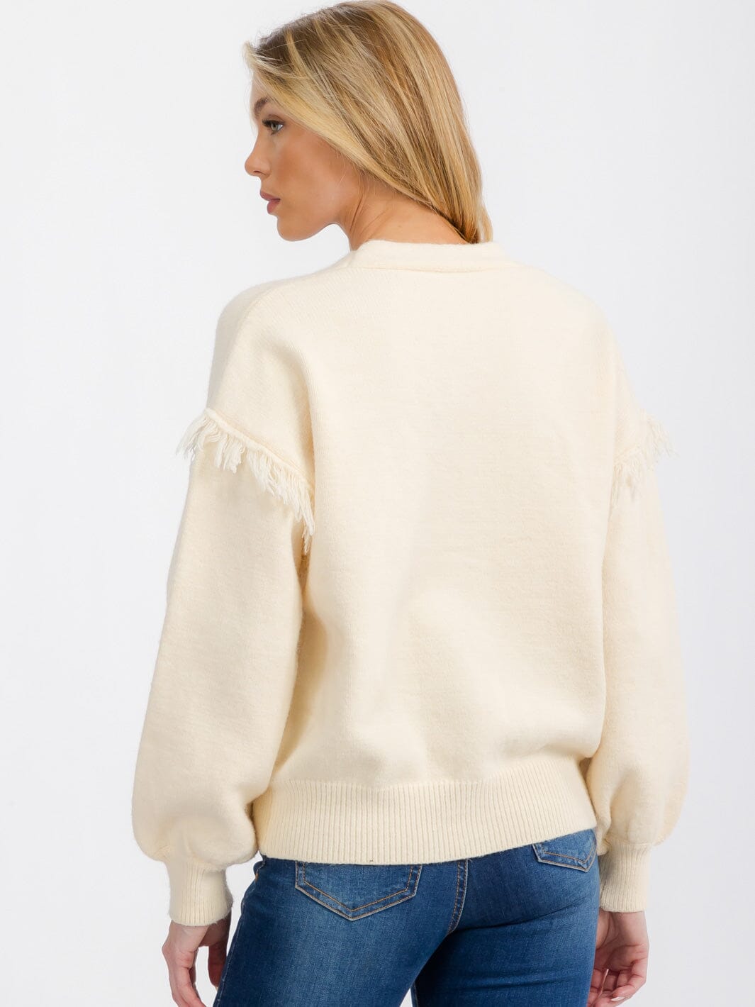WOMEN'S LONG SLEEVE FRINGE BUTTON CLOSURE CARDIGAN SWEATER
