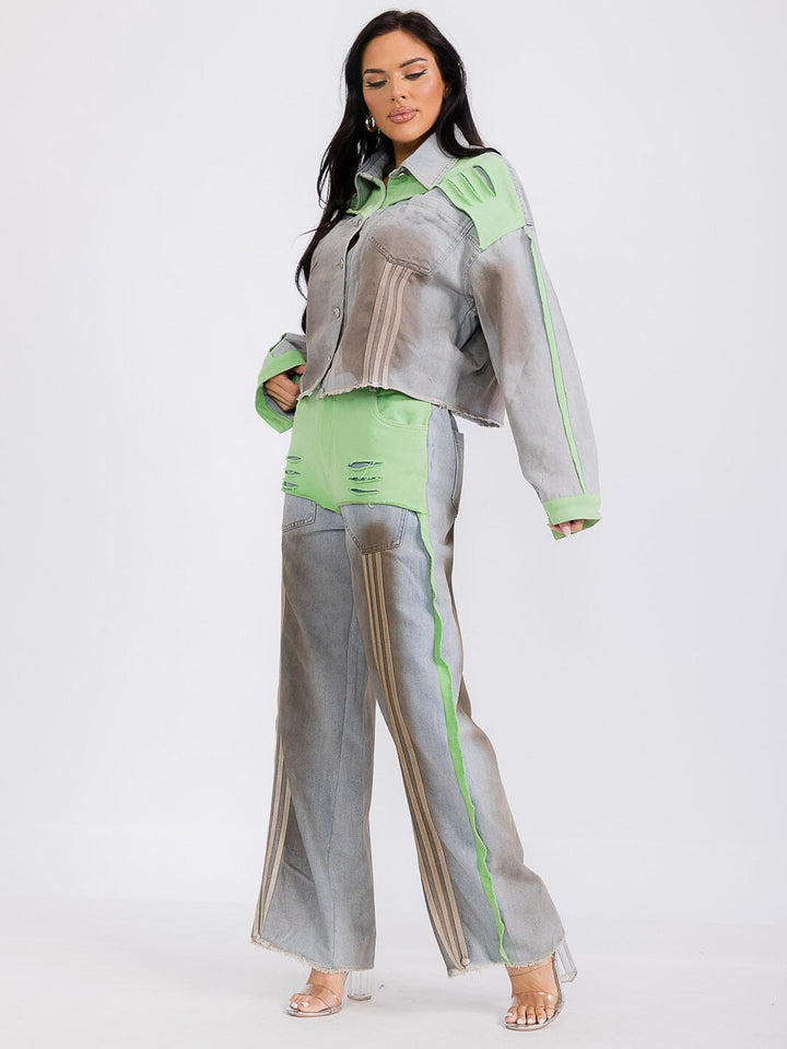 WOMEN'S LONG SLEEVE JACKET & WIDE LEG PANTS COLORBLOCK DENIM 2PC. SET