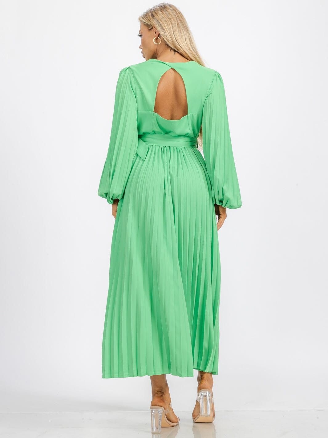 WOMEN'S LONG SLEEVE OPEN BACK SURPLICE BELTED PLEATED MAXI DRESS
