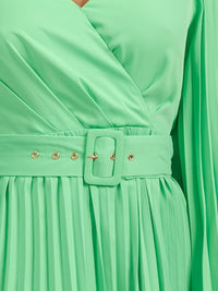 WOMEN'S LONG SLEEVE OPEN BACK SURPLICE BELTED PLEATED MAXI DRESS