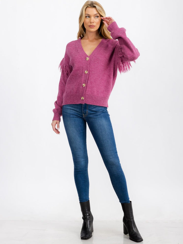 WOMEN'S LONG SLEEVE FRINGE BUTTON CLOSURE CARDIGAN SWEATER