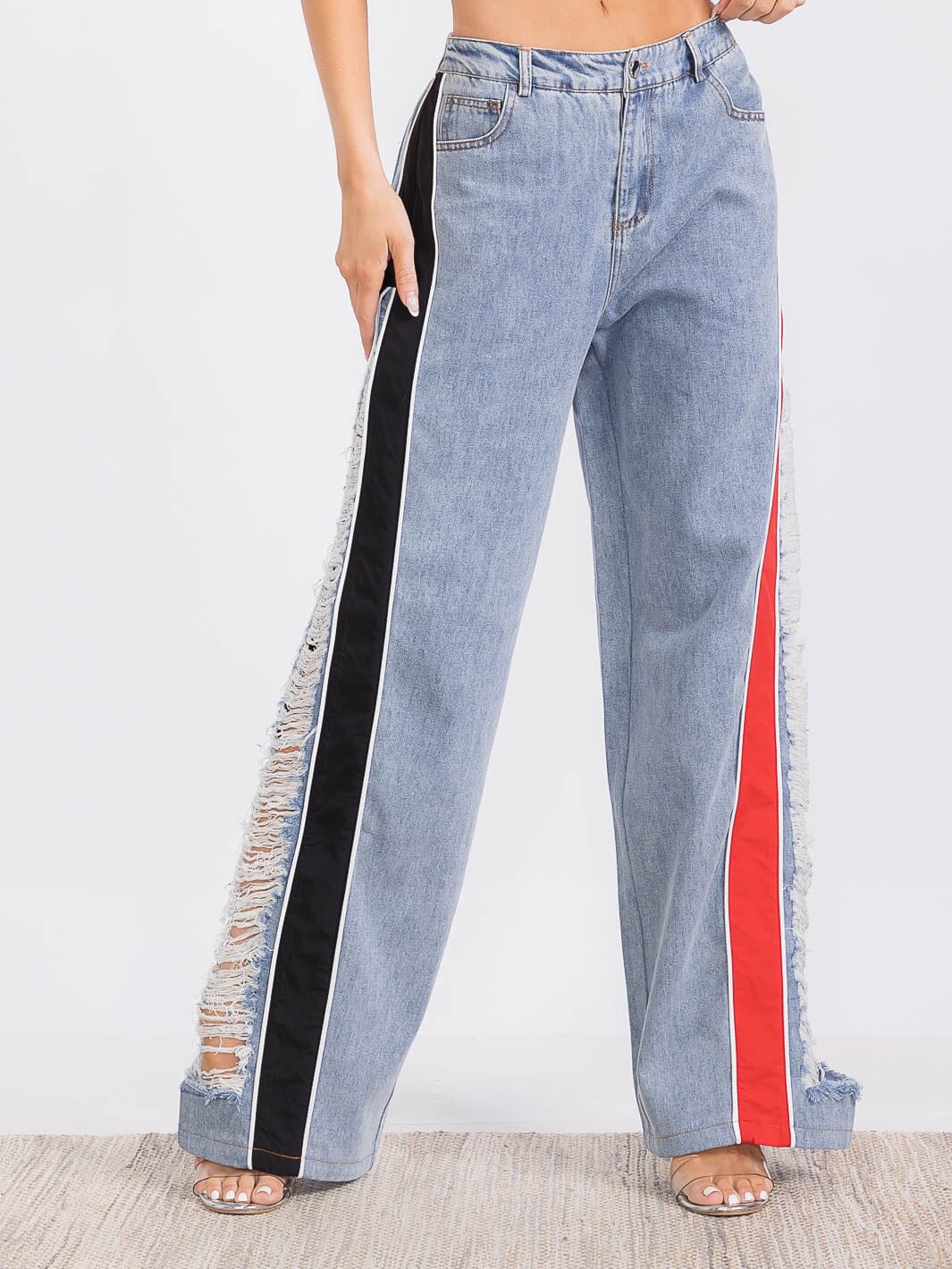 WOMEN'S BUTTON CLOSURE POCKETS COLORBLOCK DISTRESS DENIM WIDE LEG PANTS