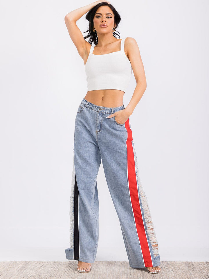 WOMEN'S BUTTON CLOSURE POCKETS COLORBLOCK DISTRESS DENIM WIDE LEG PANTS