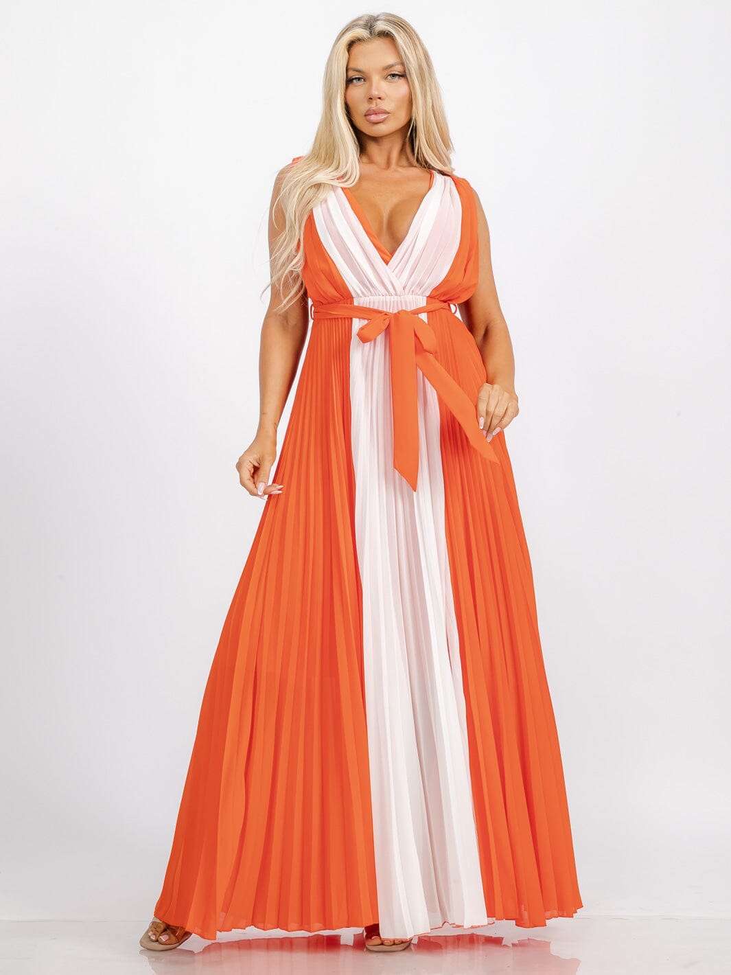 WOMEN'S SLEEVELESS V-NECK SELF TIE PLEATED COLORBLOCK MAXI DRESS