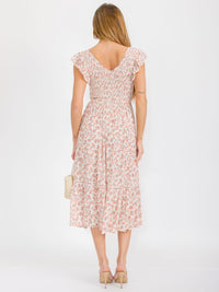 WOMEN'S SHORT SLEEVE V-NECK SMOCK TIERED FLORAL MAXI DRESS