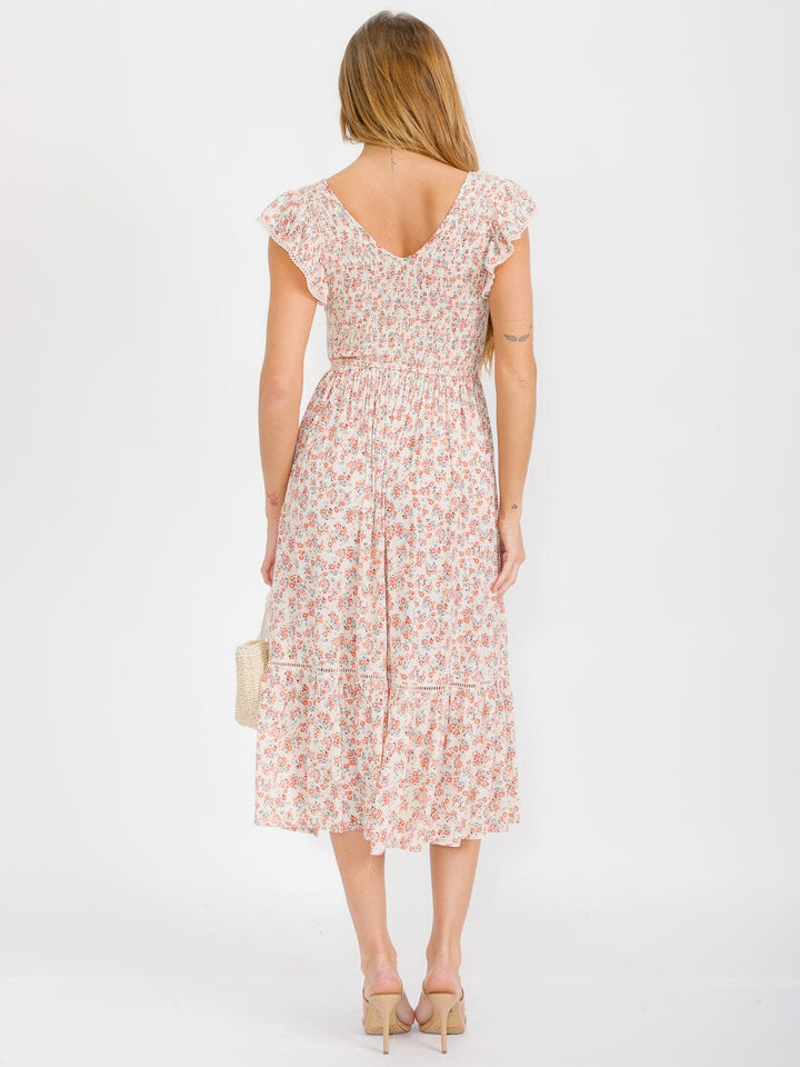 WOMEN'S SHORT SLEEVE V-NECK SMOCK TIERED FLORAL MAXI DRESS