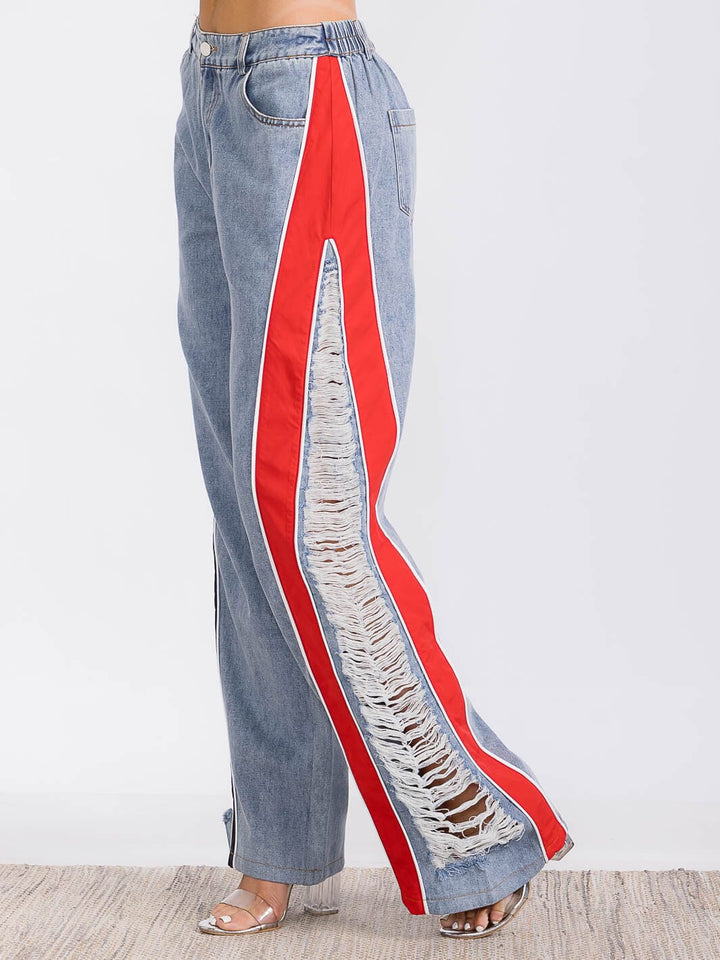 WOMEN'S BUTTON CLOSURE POCKETS COLORBLOCK DISTRESS DENIM WIDE LEG PANTS