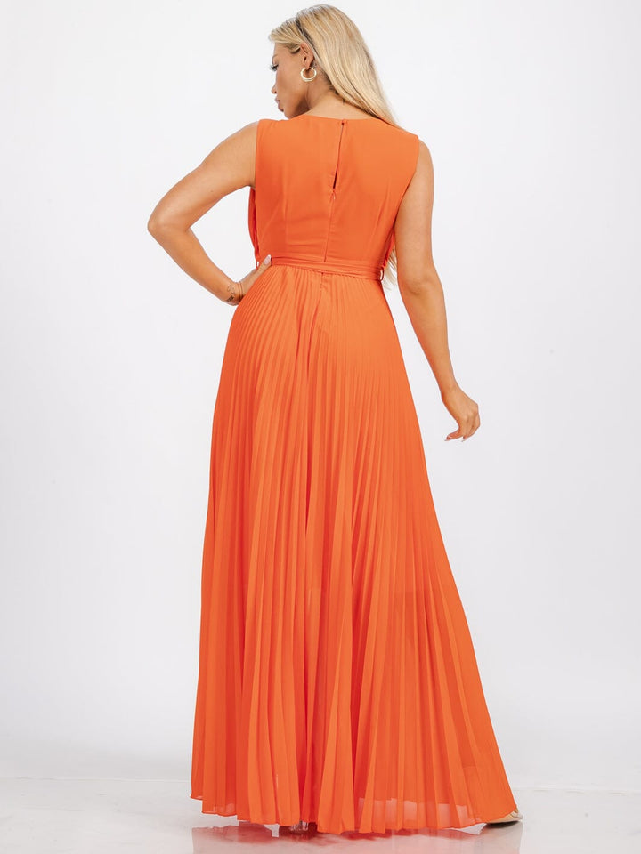 WOMEN'S SLEEVELESS V-NECK SELF TIE PLEATED COLORBLOCK MAXI DRESS