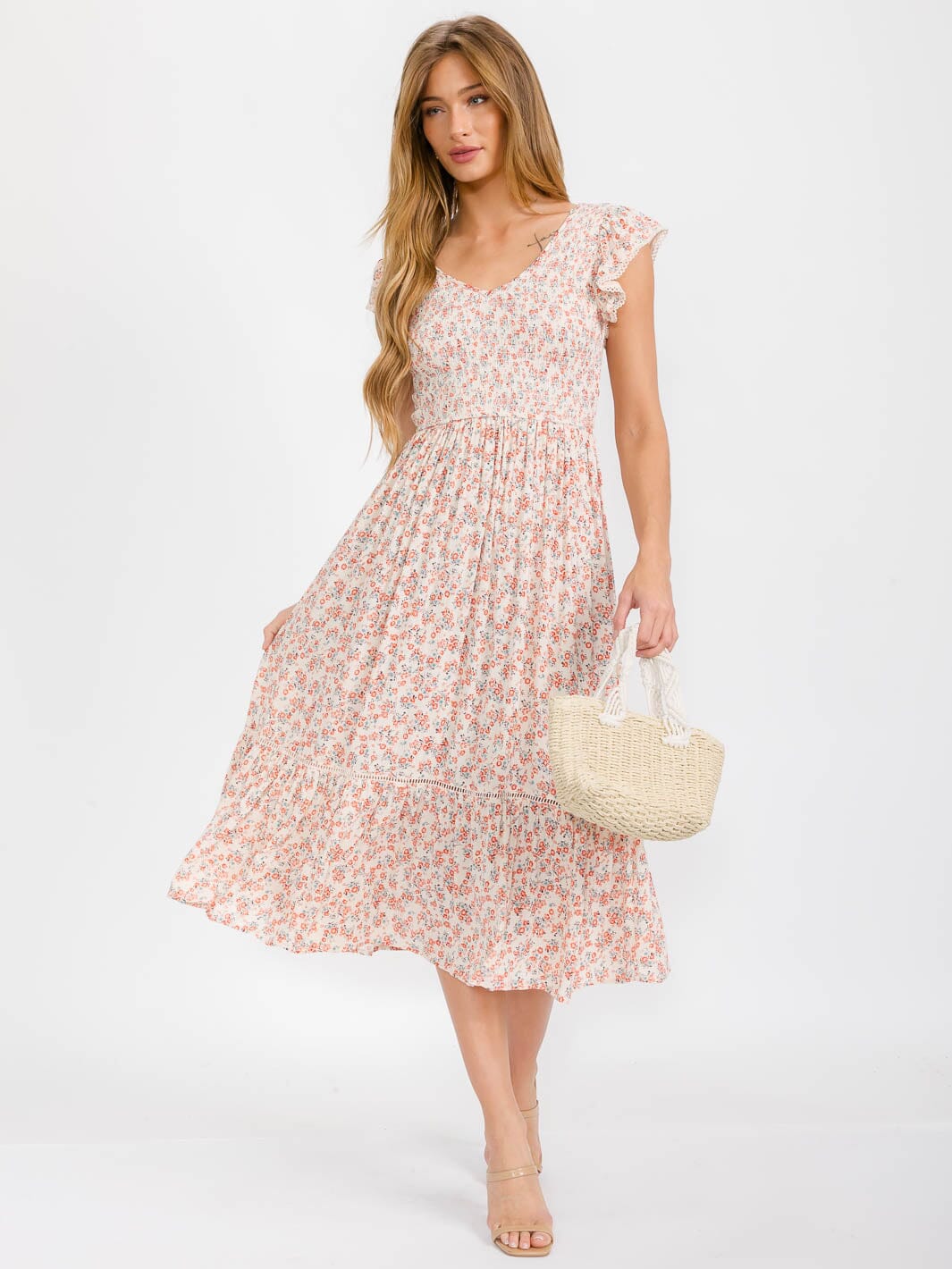 WOMEN'S SHORT SLEEVE V-NECK SMOCK TIERED FLORAL MAXI DRESS