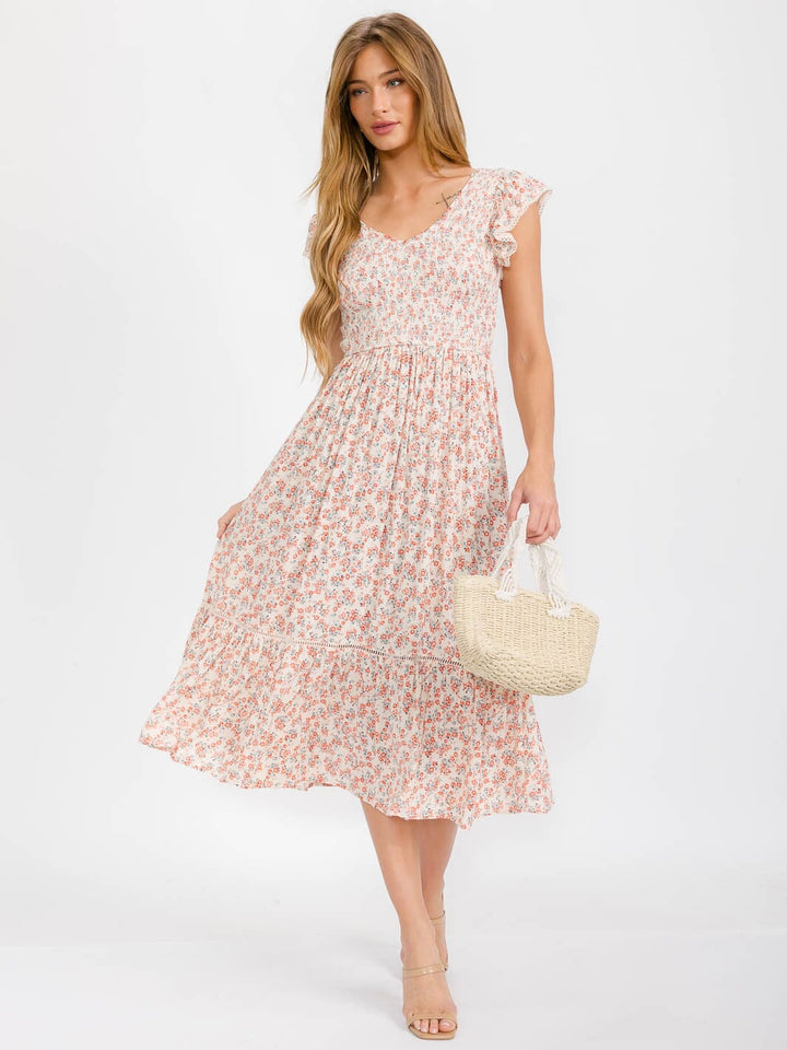 WOMEN'S SHORT SLEEVE V-NECK SMOCK TIERED FLORAL MAXI DRESS