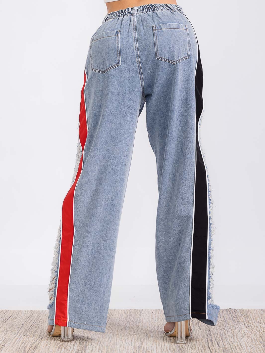 WOMEN'S BUTTON CLOSURE POCKETS COLORBLOCK DISTRESS DENIM WIDE LEG PANTS