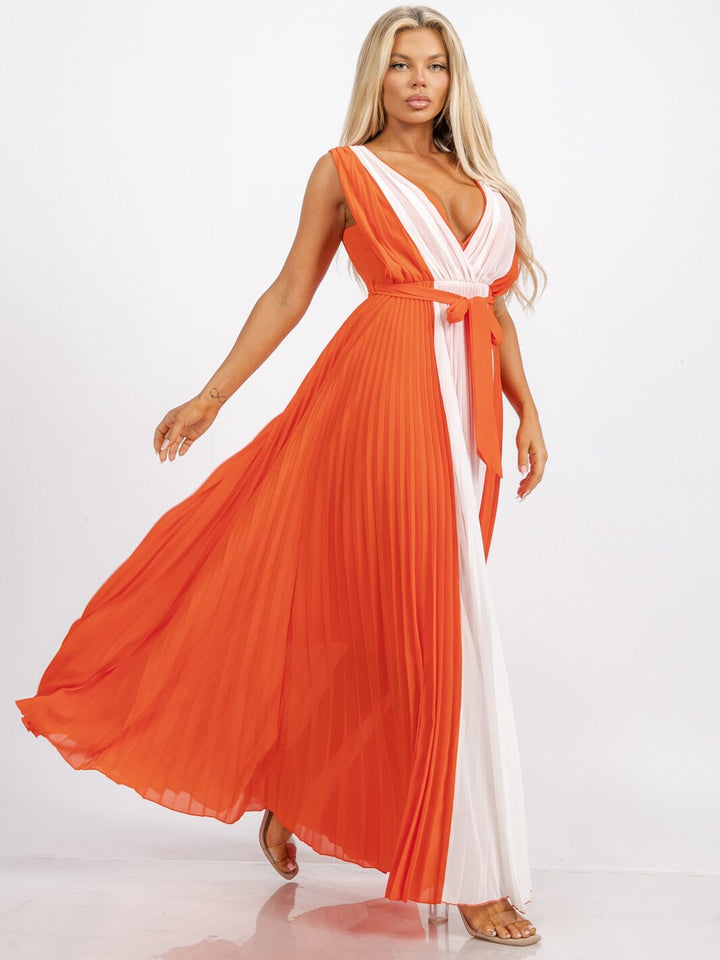 WOMEN'S SLEEVELESS V-NECK SELF TIE PLEATED COLORBLOCK MAXI DRESS