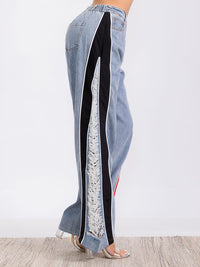 WOMEN'S BUTTON CLOSURE POCKETS COLORBLOCK DISTRESS DENIM WIDE LEG PANTS