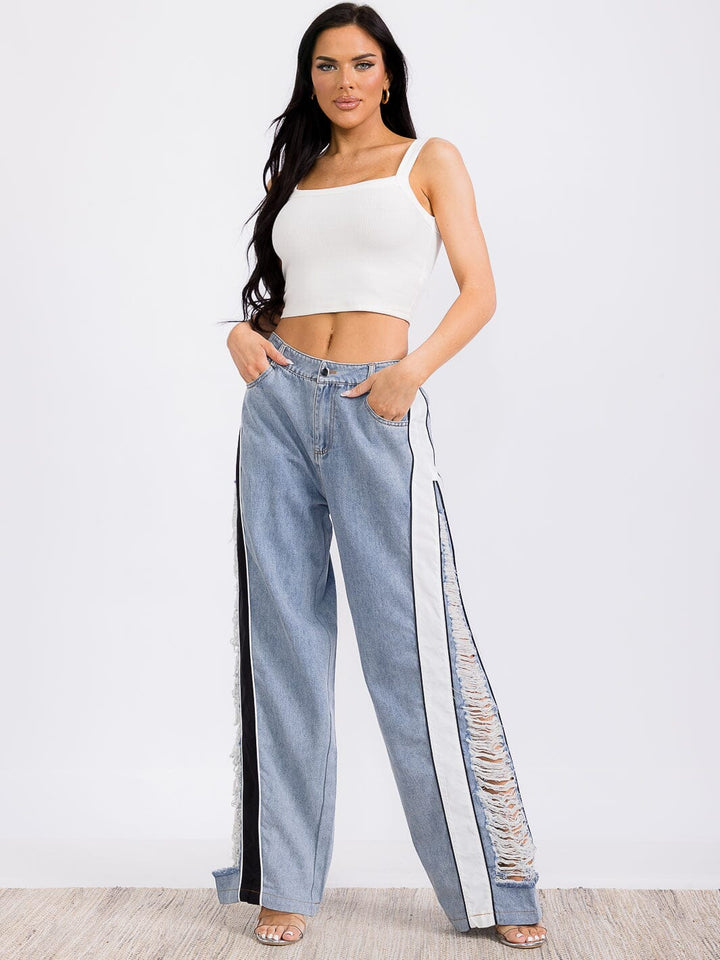 WOMEN'S BUTTON CLOSURE POCKETS COLORBLOCK DISTRESS DENIM WIDE LEG PANTS