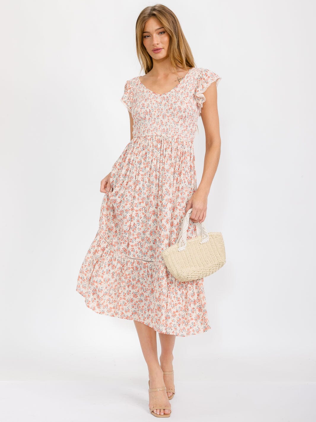 WOMEN'S SHORT SLEEVE V-NECK SMOCK TIERED FLORAL MAXI DRESS