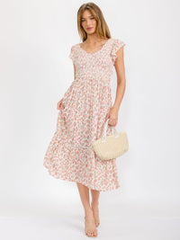 WOMEN'S SHORT SLEEVE V-NECK SMOCK TIERED FLORAL MAXI DRESS