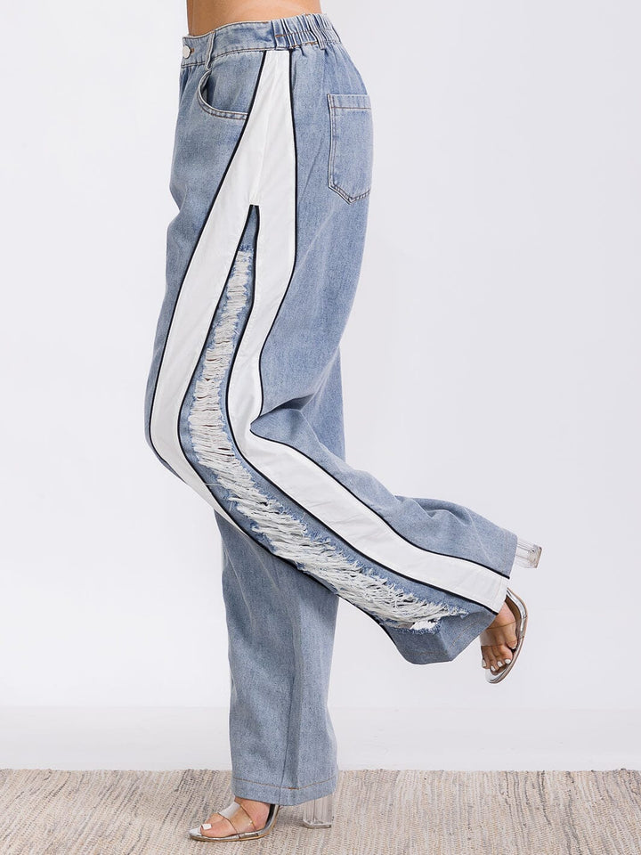 WOMEN'S BUTTON CLOSURE POCKETS COLORBLOCK DISTRESS DENIM WIDE LEG PANTS