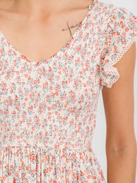 WOMEN'S SHORT SLEEVE V-NECK SMOCK TIERED FLORAL MAXI DRESS