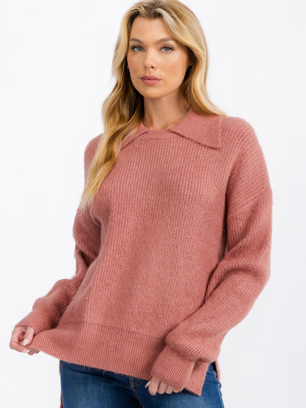 WOMEN'S LONG SLEEVE COLLAR HIGH-LOW PULLOVER SWEATER