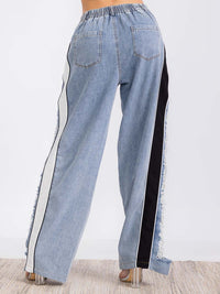 WOMEN'S BUTTON CLOSURE POCKETS COLORBLOCK DISTRESS DENIM WIDE LEG PANTS