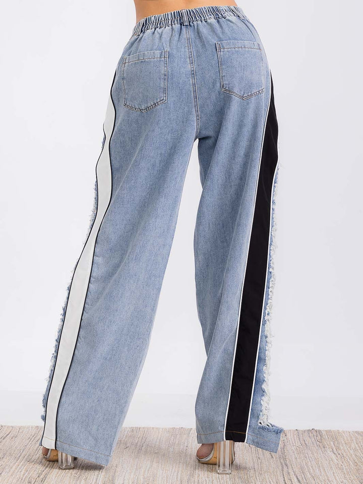 WOMEN'S BUTTON CLOSURE POCKETS COLORBLOCK DISTRESS DENIM WIDE LEG PANTS