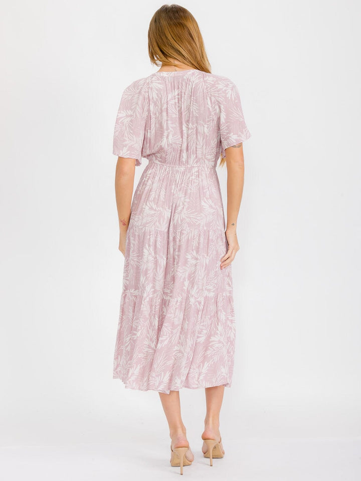 WOMEN'S SHORT SLEEVE BUTTON UP TIERED LEAF PRINT MAXI DRESS