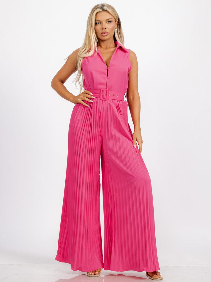 WOMEN'S SLEEVELESS BUTTON UP BELTED WIDE LEG PLEATED JUMPSUIT