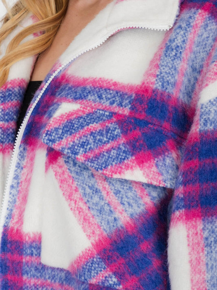WOMEN'S LONG SLEEVE ZIP UP FRONT POCKETS PLAID JACKET