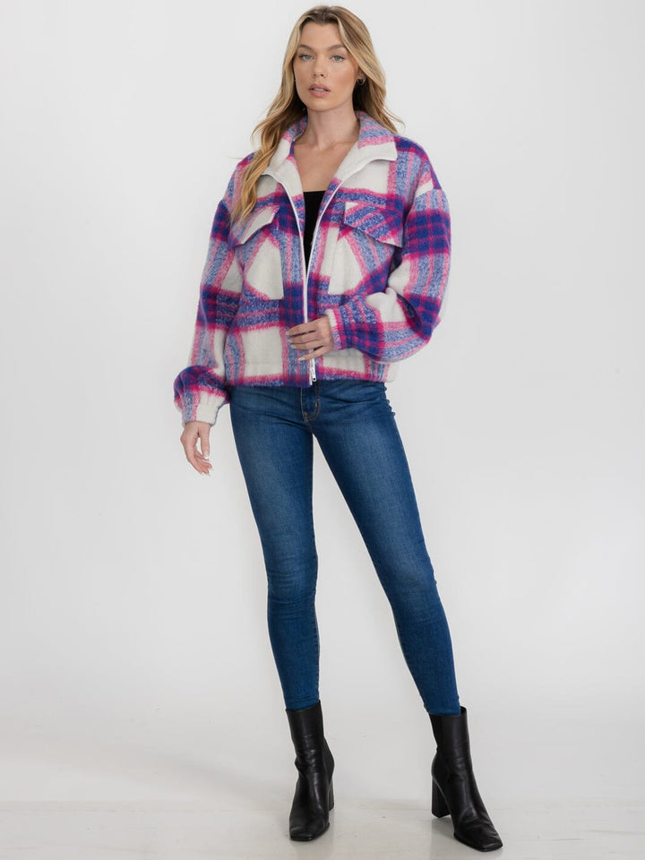 WOMEN'S LONG SLEEVE ZIP UP FRONT POCKETS PLAID JACKET
