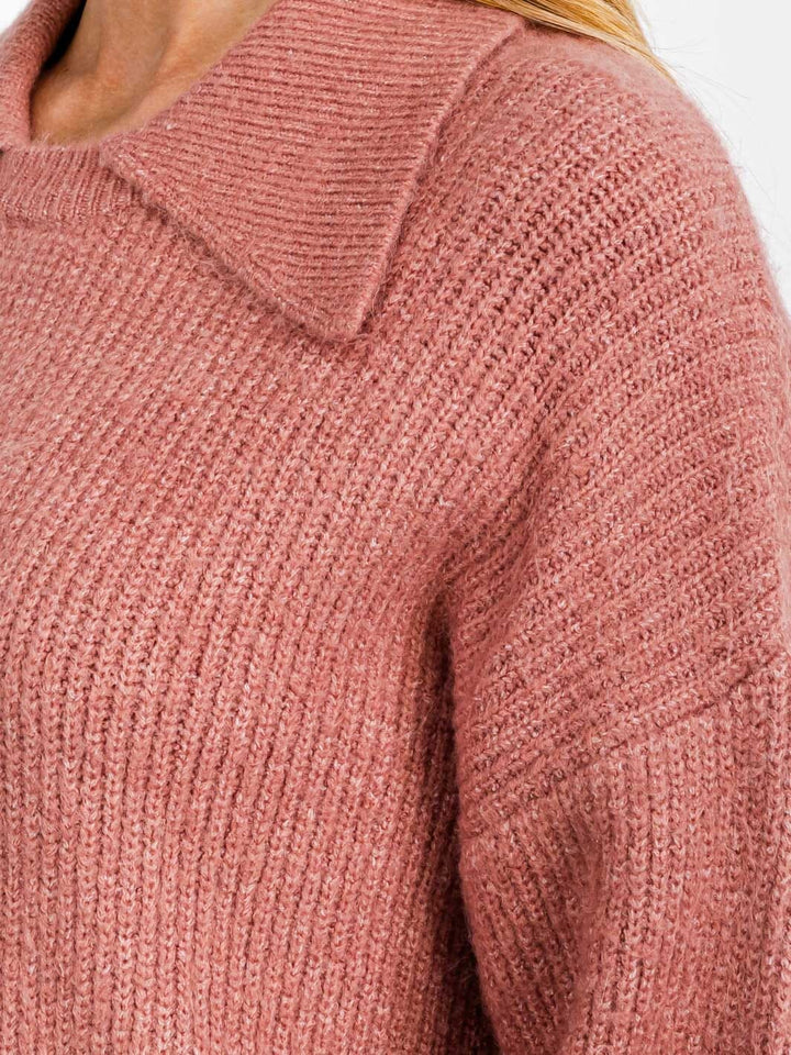 WOMEN'S LONG SLEEVE COLLAR HIGH-LOW PULLOVER SWEATER