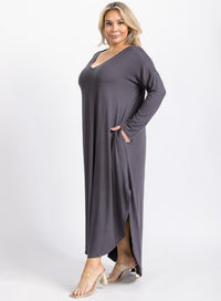 PLUS SIZE LONG SLEEVE V-NECK FRONT POCKETS HIGH-LOW TUNIC MAXI DRESS