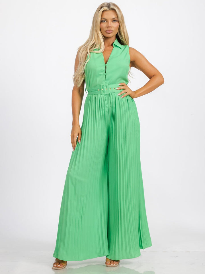 WOMEN'S SLEEVELESS BUTTON UP BELTED WIDE LEG PLEATED JUMPSUIT