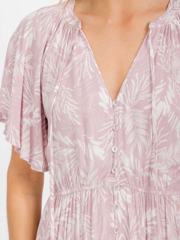 WOMEN'S SHORT SLEEVE BUTTON UP TIERED LEAF PRINT MAXI DRESS
