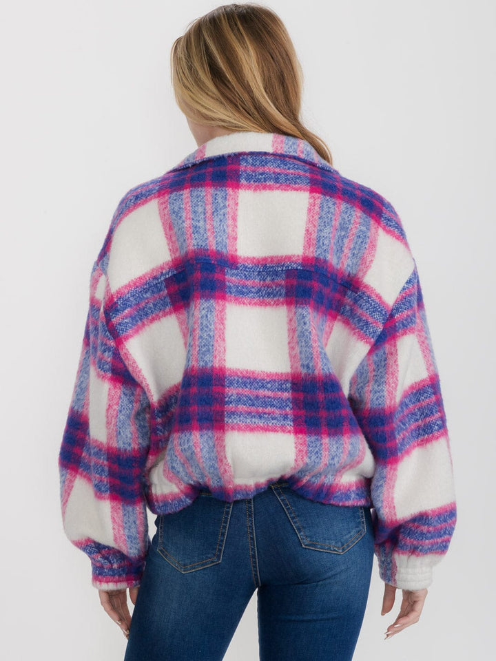 WOMEN'S LONG SLEEVE ZIP UP FRONT POCKETS PLAID JACKET