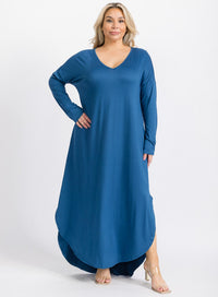 PLUS SIZE LONG SLEEVE V-NECK FRONT POCKETS HIGH-LOW TUNIC MAXI DRESS