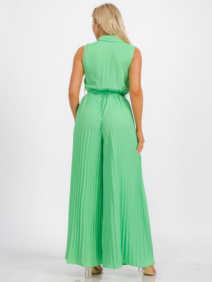 WOMEN'S SLEEVELESS BUTTON UP BELTED WIDE LEG PLEATED JUMPSUIT