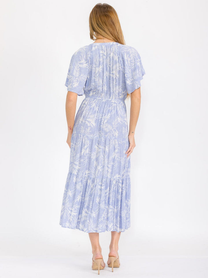WOMEN'S SHORT SLEEVE BUTTON UP TIERED LEAF PRINT MAXI DRESS
