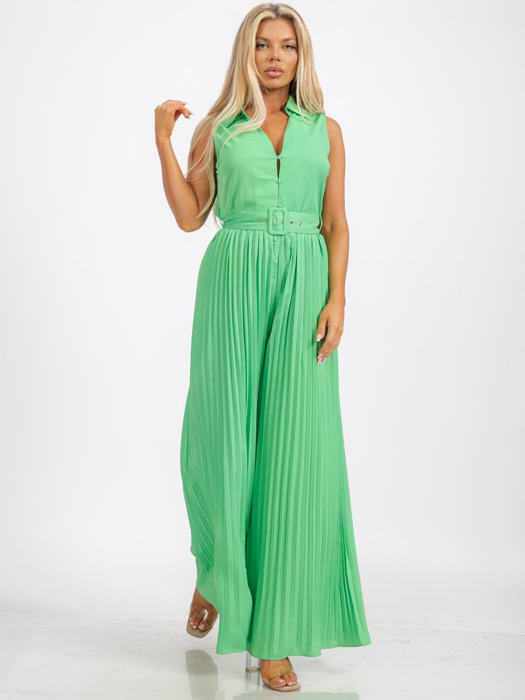WOMEN'S SLEEVELESS BUTTON UP BELTED WIDE LEG PLEATED JUMPSUIT