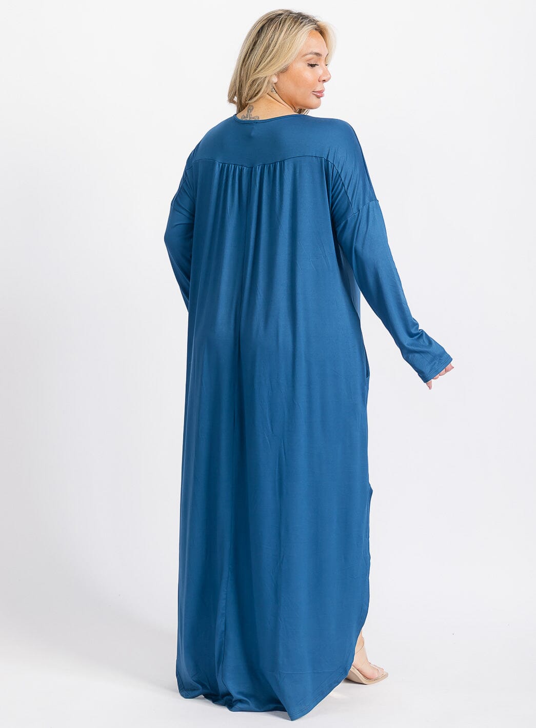 PLUS SIZE LONG SLEEVE V-NECK FRONT POCKETS HIGH-LOW TUNIC MAXI DRESS