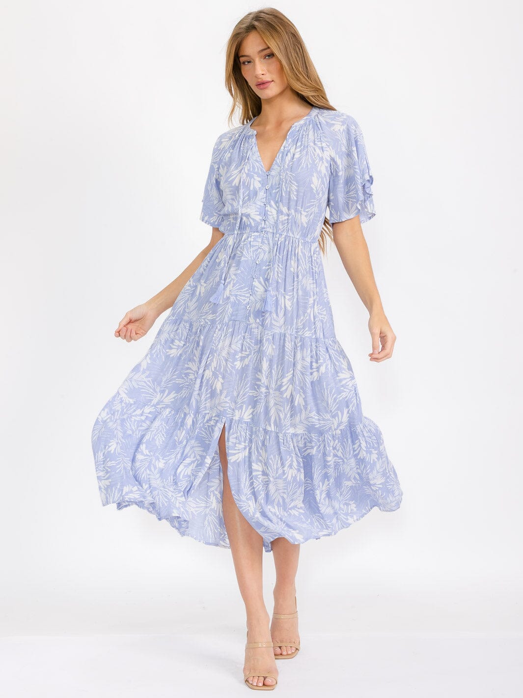 WOMEN'S SHORT SLEEVE BUTTON UP TIERED LEAF PRINT MAXI DRESS