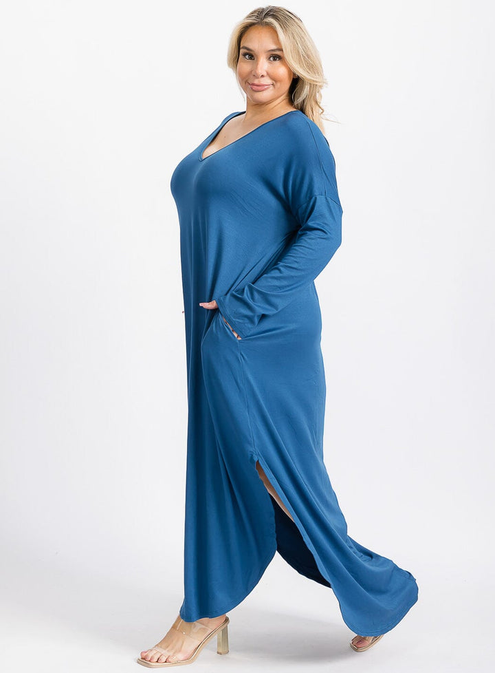 PLUS SIZE LONG SLEEVE V-NECK FRONT POCKETS HIGH-LOW TUNIC MAXI DRESS