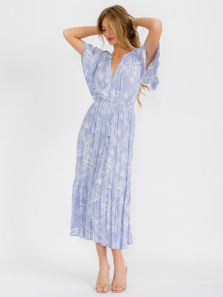 WOMEN'S SHORT SLEEVE BUTTON UP TIERED LEAF PRINT MAXI DRESS