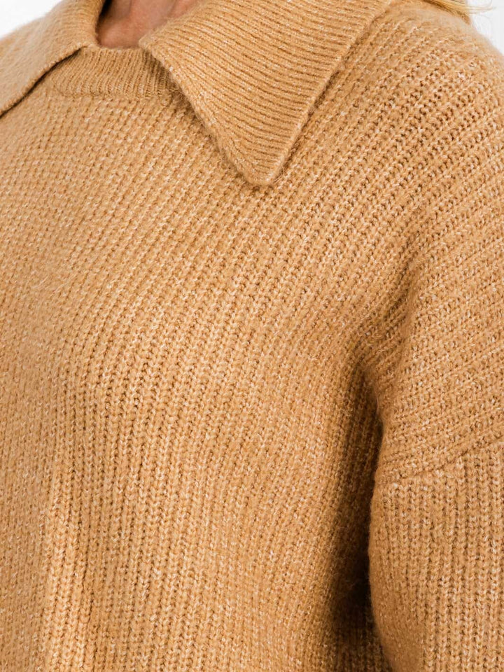 WOMEN'S LONG SLEEVE COLLAR HIGH-LOW PULLOVER SWEATER