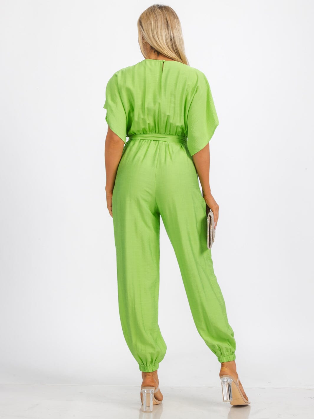 WOMEN'S SHORT SLEEVE SURPLICE FRINT POCKET SKINNY LEGS BELTED JUMPSUIT